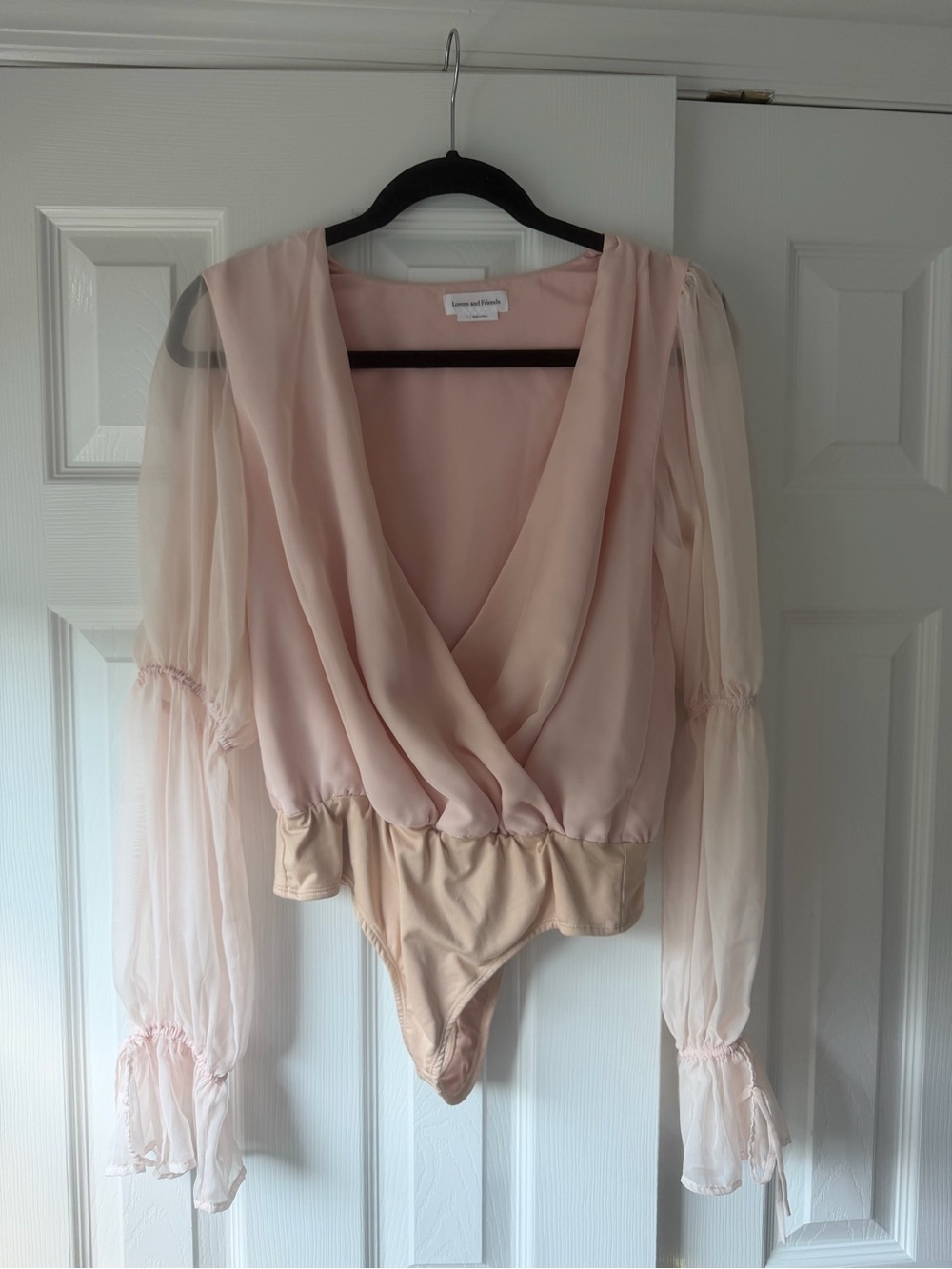 Lovers + Friends Pale Pink Sheer-Sleeve Surplice Bodysuit